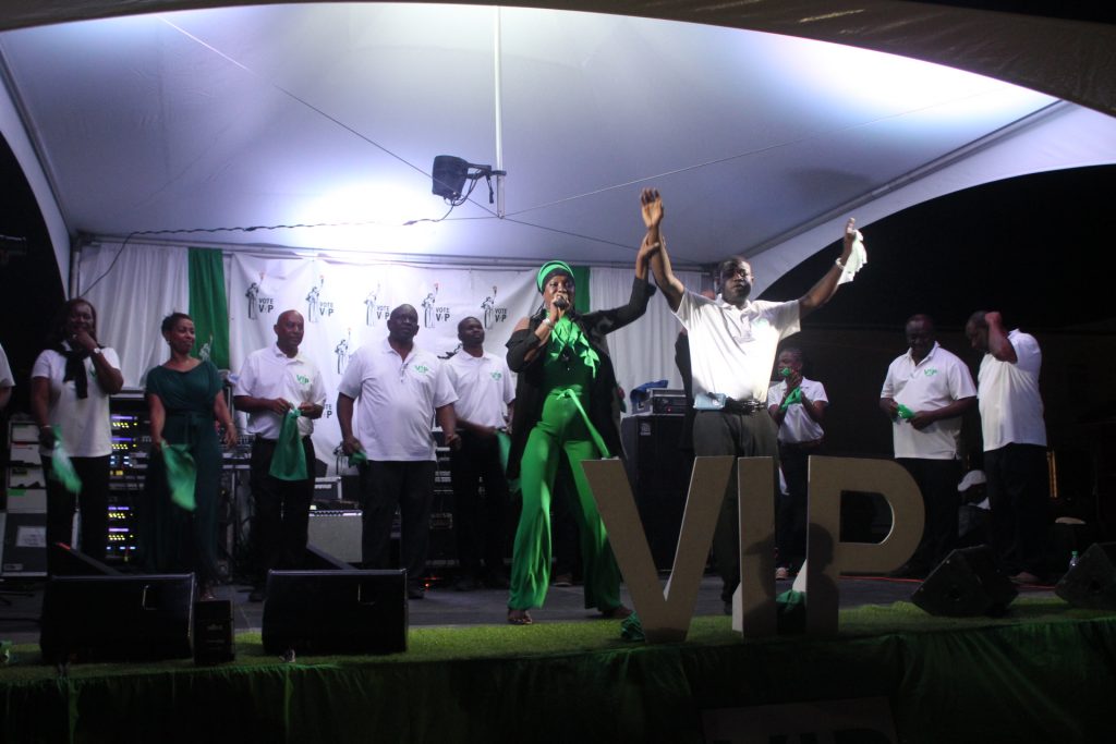 The Virgin Islands Party district candidates took to the stage during a youth rally on Friday night in Road Town, each dancing and waving.