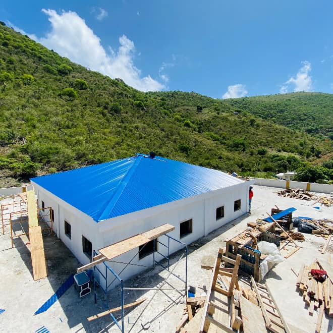 Construction of the new school on Jost Van Dyke (shown above in August) has been delayed, but completion is now expected by January, officials said (Photo: Recovery and Development Agency).
